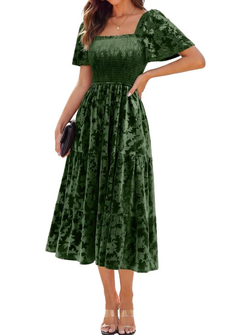 Women's Army Green Square Neck Short Sleeve Formal Wedding Velvet Maxi Dresses